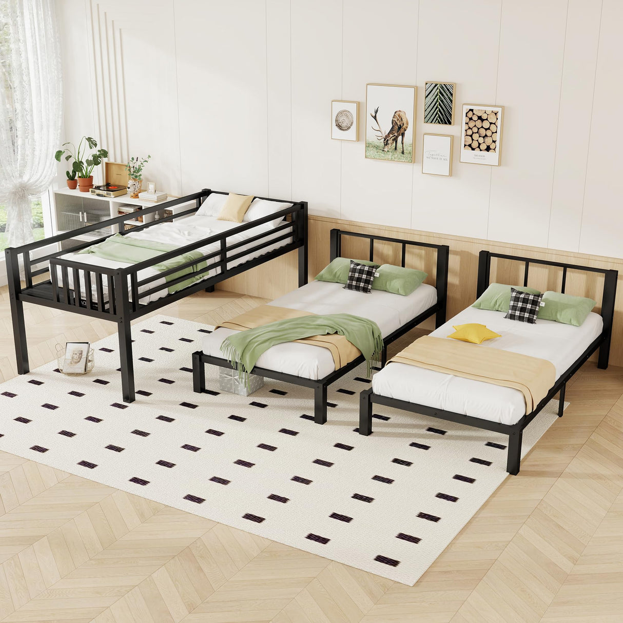 KEIKI Metal Triple Bunk Bed, Heavy Duty Twin XL Over Twin Over Twin Beds Frame w/Guardrails & Ladder, Detachable Kids BunkBed for 3, Girls Boys Teens Bedroom Loft Bed, No Box Spring Needed, Black KEIKI