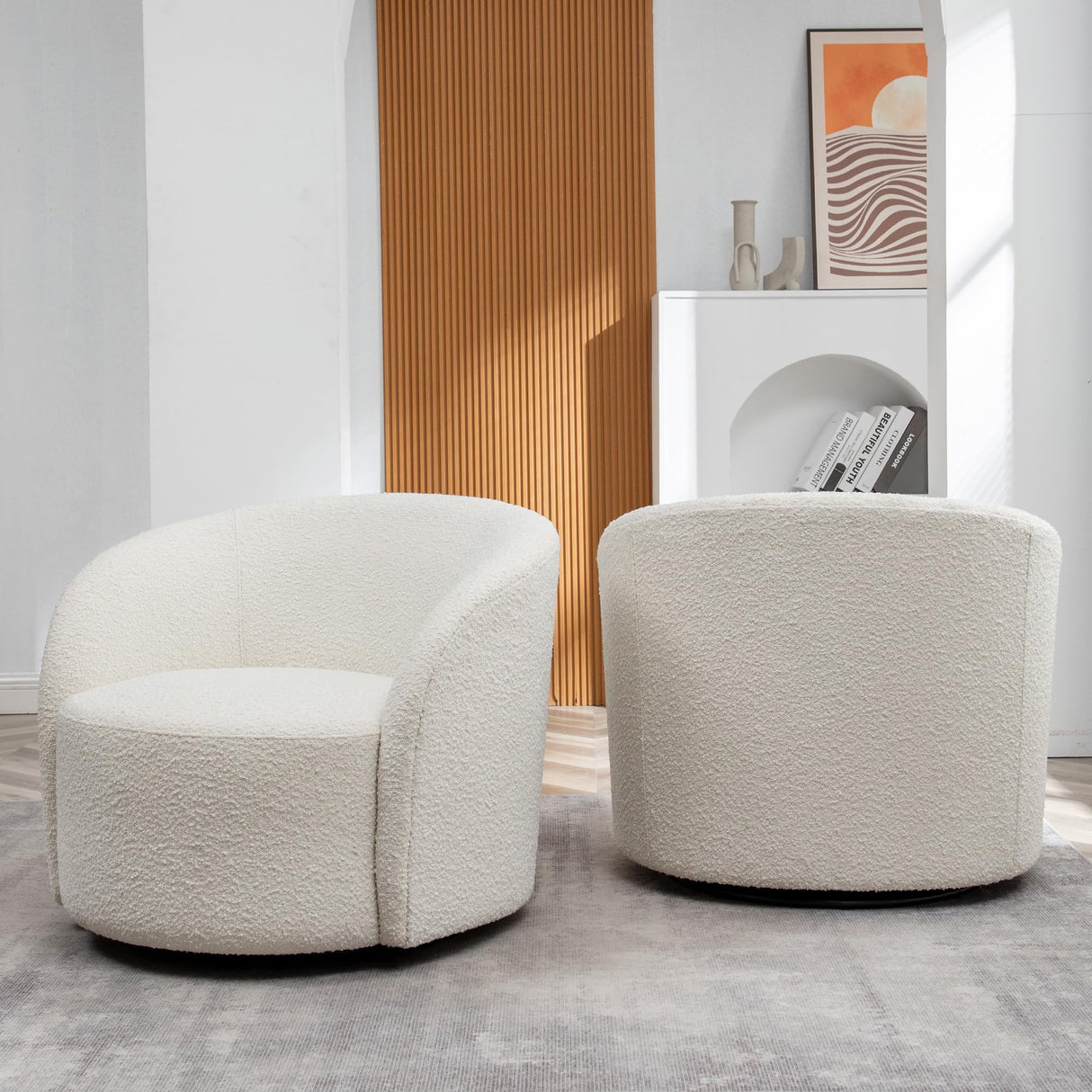 KINWELL 34" W Swivel Barrel Chair Set of 2, Mid Century Modern Round Upholstered Boucle Swivel Accent Chairs, No Assembly Sofa Chair for Living Room Bedroom Reading, Cream KINWELL