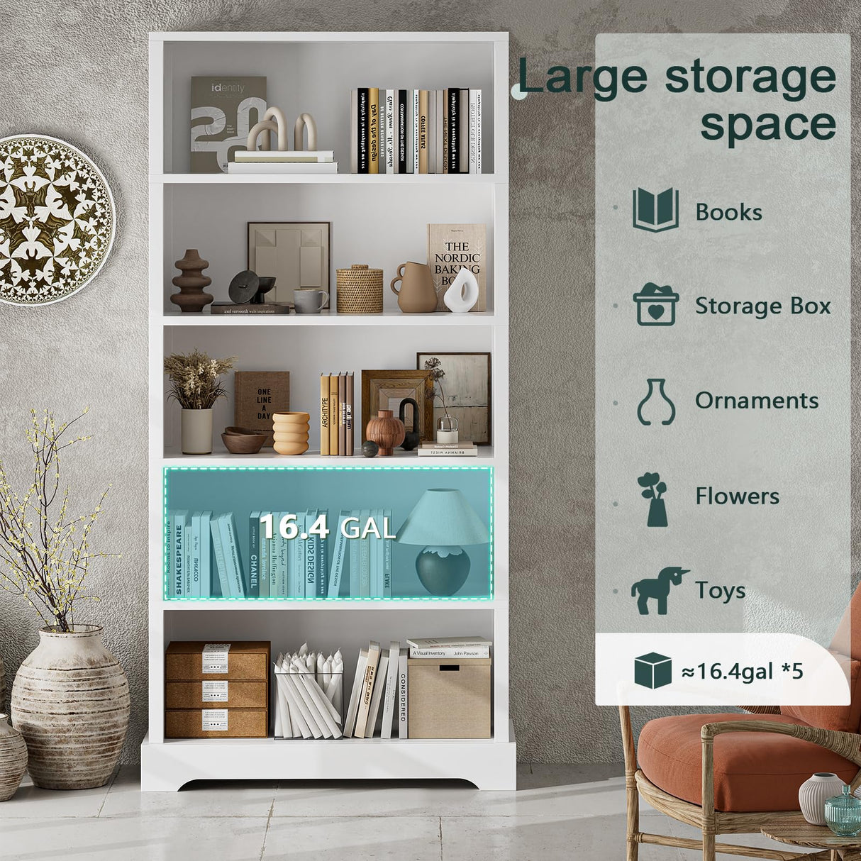 TVU 5-Tier Wooden Book shelf, 65"H × 31.5"W × 9.9“D Bookshelf with Storage, Floor-Standing Display Bookcase, Farmhouse Style Bookshelf with Arched Base, Suitable for Living Room, Study, Office, White TVU