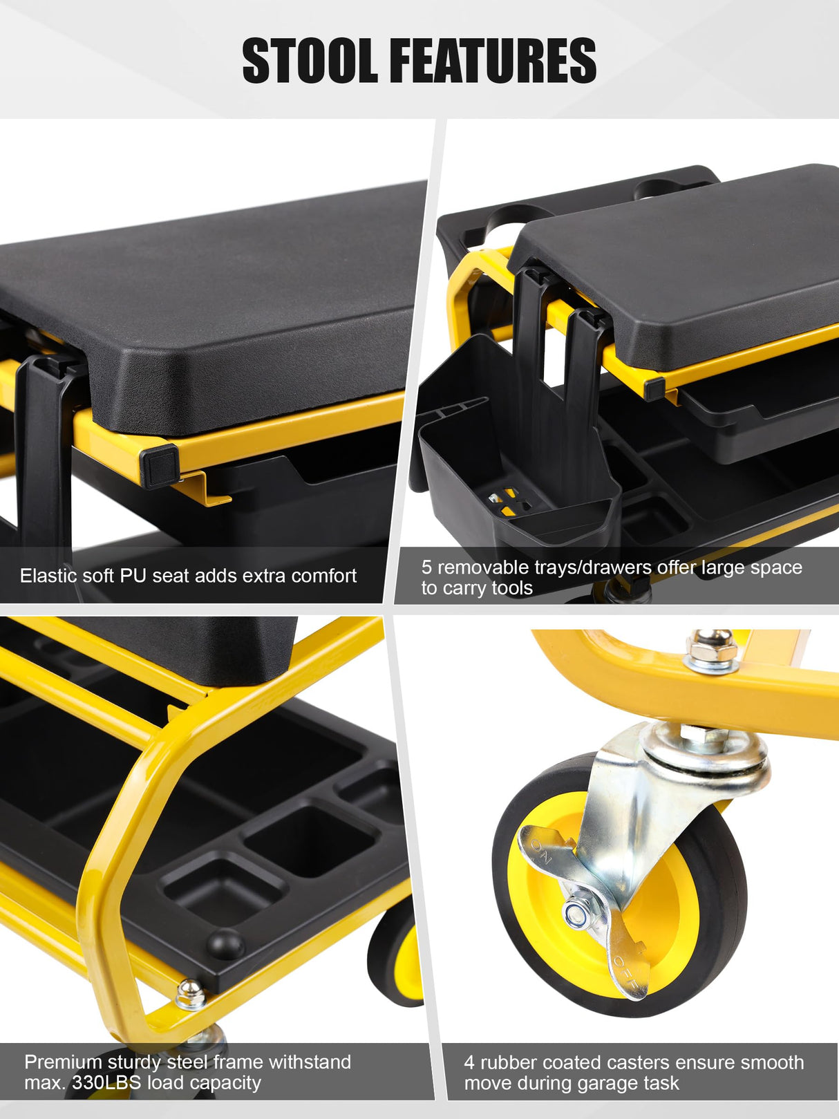 SMART JERRY - Rolling Mechanic Stool with Wheels, Garage Work Stool for Mechanics, Rolling Garage Stool on Wheels, Car Detailing Stool, Heavy Duty Mechanic Chair (330 LBS Max Load Capacity) SMART JERRY