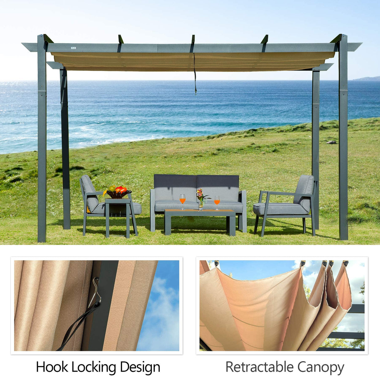 Domi Outdoor Living 10’ X 13’ Outdoor Retractable Pergola with Weather-Resistant Canopy Aluminum Garden Pergola Patio Grill Gazebo for Courtyard domi outdoor living