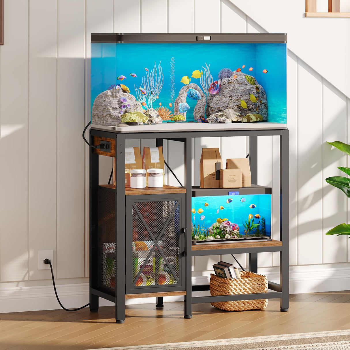 MAHANCRIS 20-37 Gallon Fish Tank Stand, Aquarium Stand with Power Outlet and Storage Cabinet, Heavy Duty Tank Stand Suitable for Turtle Tank, Reptile Terrarium, for Home Office, Rustic Brown FTHR40E01 MAHANCRIS