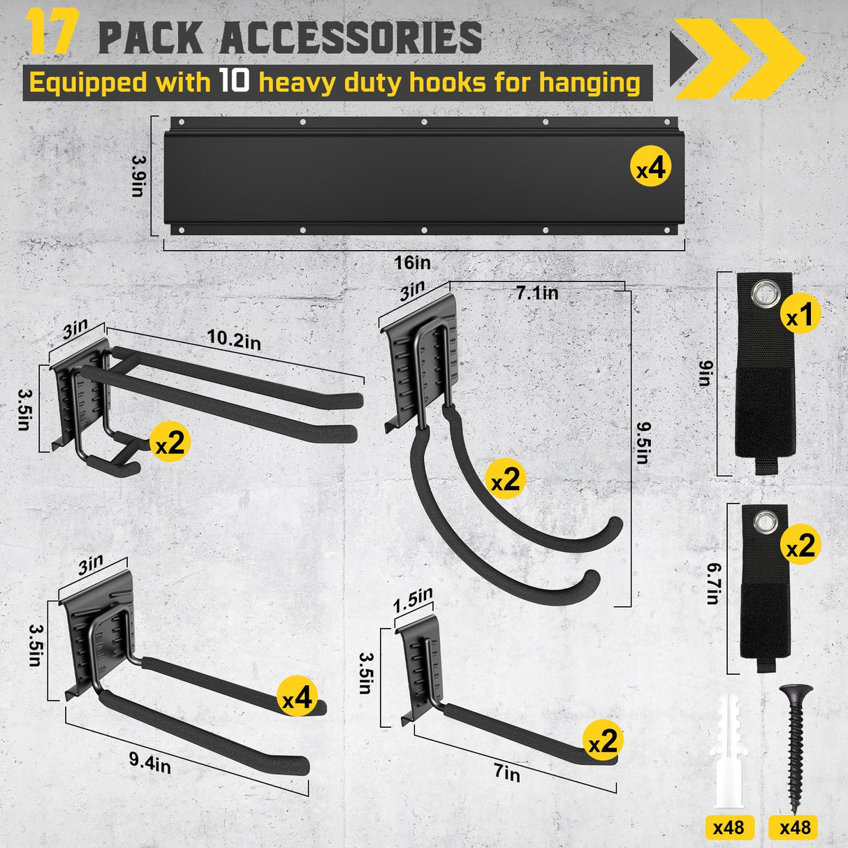 YZSFMZGE 64" Garage Tool Organizer Wall Mount, 720lbs Garden Tool Organizer with 10 Adjustable Hooks, Heavy Duty Garage Tool Storage Rack for Yard, Shed (4 Racks, 10 Hooks, 3 Straps) YZSFMZGE