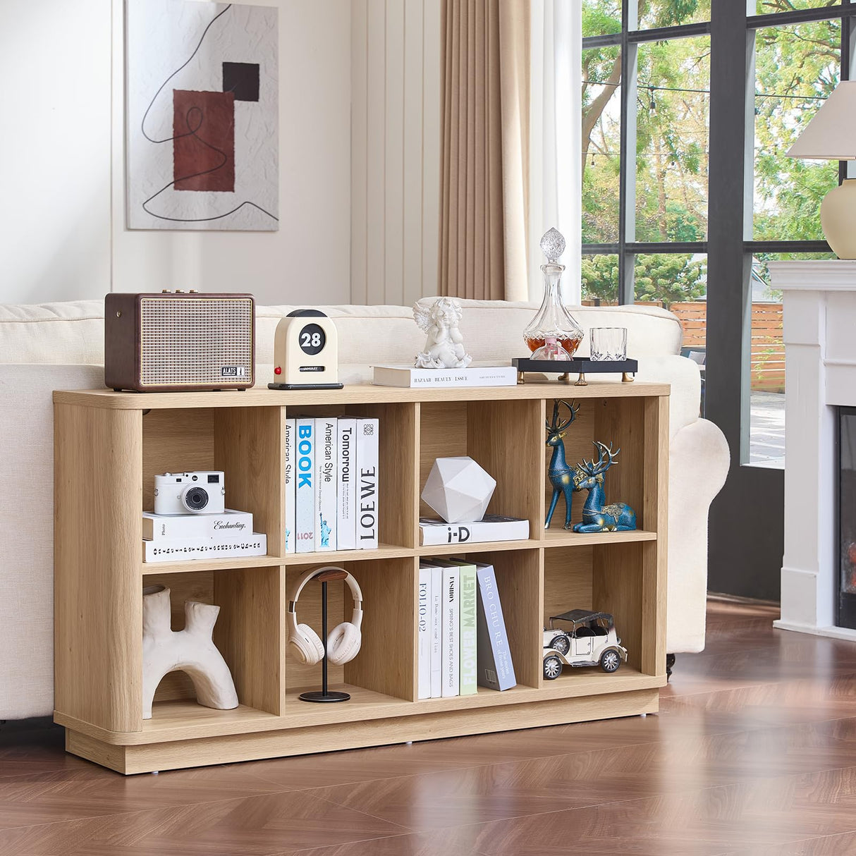 Joaxswe 8 Cube Storage Book Shelf, 52" Long Horizontal Bookshelf with Curved Edge, Floor Standing Wooden Cubby Bookcase with Base, Modern Low Console Book Case, TV Stand for Living Room, Natural Oak Joaxswe