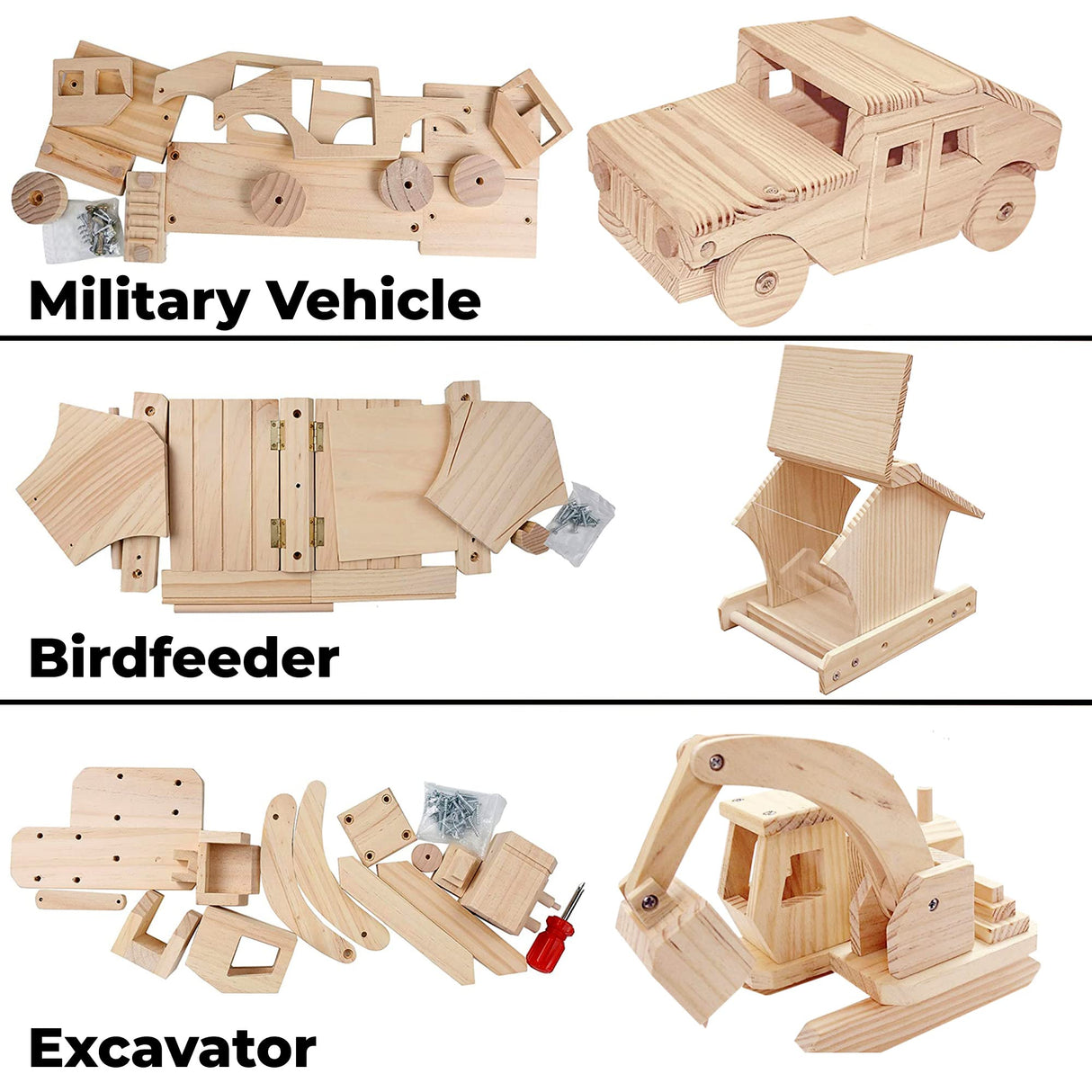 Kraftic Woodworking Building Kit for Kids and Adults, 3 Educational DIY Carpentry Construction Wood Model Kit STEM Toy Projects for Boys and Girls - Wooden Military Vehicle, Excavator and Bird-Feeder Kraftic