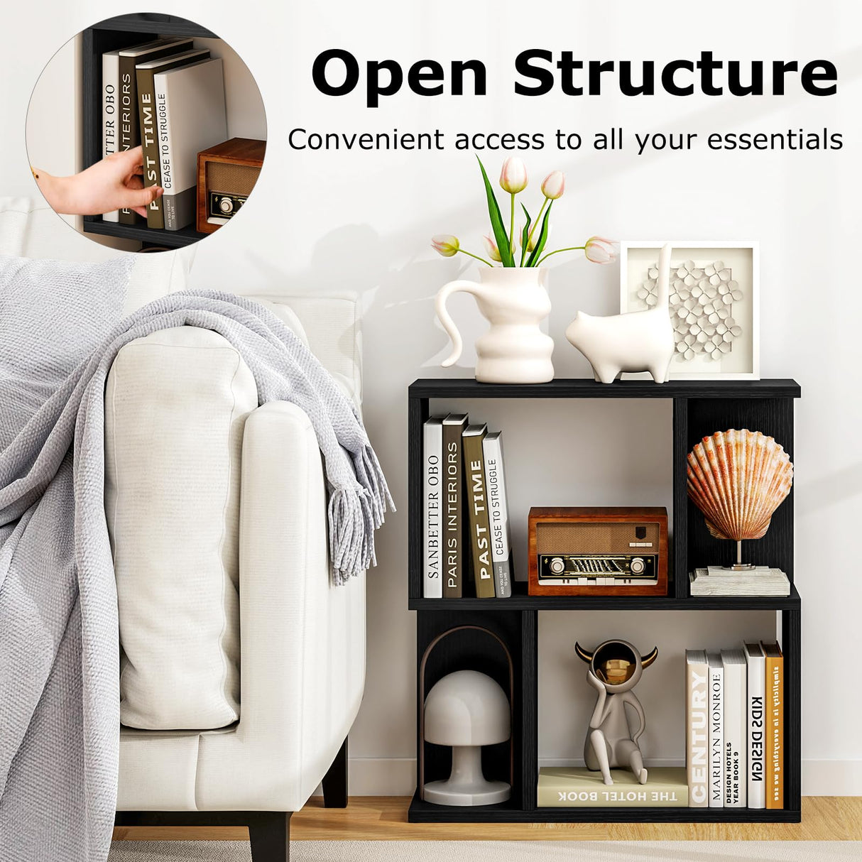 Giantex 3-Tier S-Shaped Bookshelf, Modern Geometric Bookcase, Freestanding Display Shelf for Small Space, Versatile Side Table, Wooden Storage Organizer for Home Office, Living Room (1,Black) Giantex