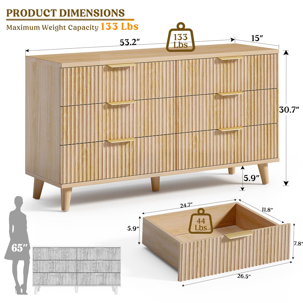 Lulive Dresser for Bedroom Wood Dressers Chest of Drawers, Fluted 53.2" Wide Modern Long Dresser TV Stand 6 Drawers for Bedroom, Closet, Living Room, Hallway (Natural) Lulive