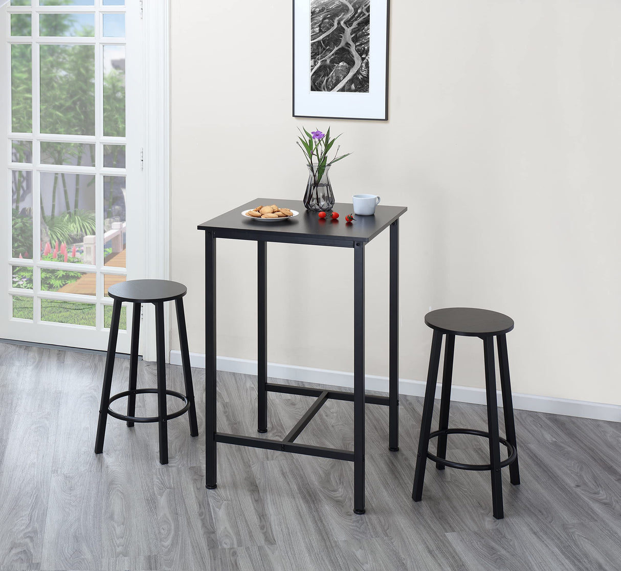 Finnhomy Bar Table Set, 23.6" Pub Table High Top Table, Square Bar Height Table, Bar Table with Stools, Kitchen Table Set for 2, Industrial Breakfast for Kitchen, Living Room, Rustic Black Finnhomy