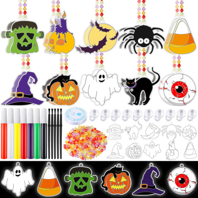 Sonwyoung 30 Sets Halloween Suncatchers Craft Kits, DIY Glow in The Dark Ghost Spider Cat Pumkin Suncatcher Kits Stained Glass Window Paint Art for Classroom Party Activities Art Craft Party Favors