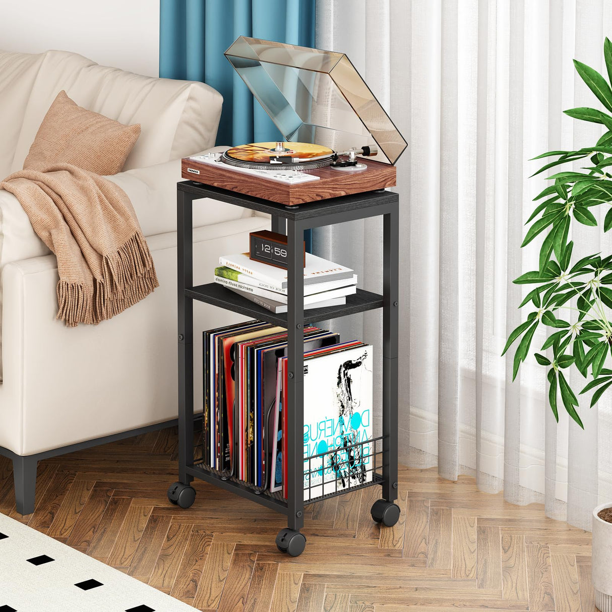 Kalrin Small Side Table, 3 Tier Moveable Small End Table, Record Player Stand with Records Shelf, Tall Nightstand for Bedroom, Living Room, Sofa, Office, Bathroom (Pure Black) Kalrin