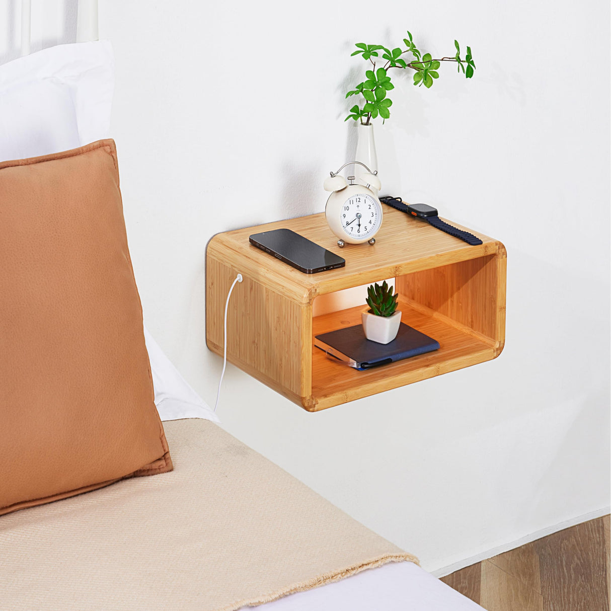 NAVREX LED Floating Nightstand, Farmhouse Night Stands, 100% Solid Wood Night Stands with Magnetic Storage, Modern Bed Side Table for Bedroom NAVREX