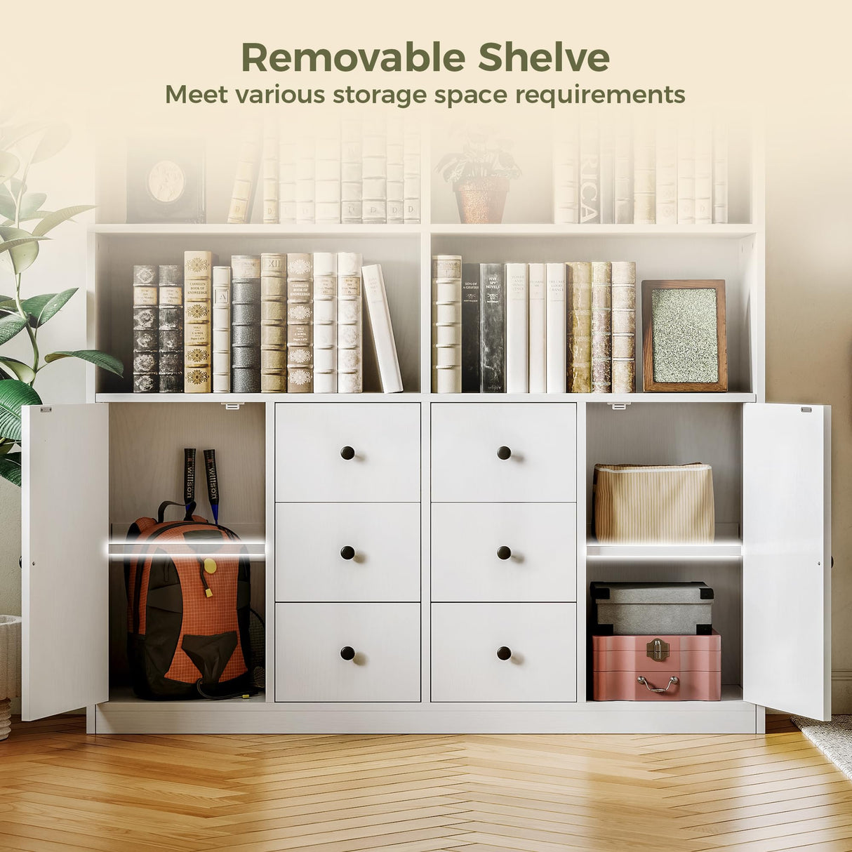 IRONCK 78.7" Bookcase with 6 Drawers, 6 Tier Large Bookshelf with 2 Doors, Large Bookcase with Adjustable Shelves, Tall Storage Cabinet for Home Office, Living Room, White IRONCK