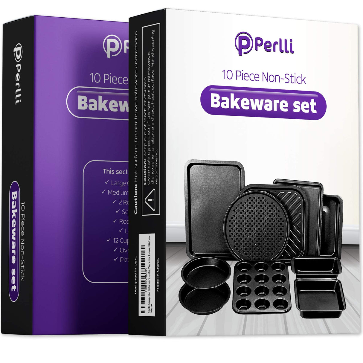 Perlli Baking Pan 10 Piece Set Nonstick Carbon Steel Gray Oven Bakeware Kitchen Set, 2 Cookie Sheets, 2 Round Cake Pans, Square Pan, Roasting Pan, Loaf Pan, Crisp Pan, Pizza Crisper, & Muffin Pan PERLLI