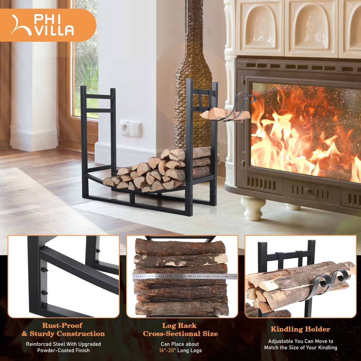 PHI VILLA Heavy Duty Firewood Racks Indoor/Outdoor Log Rack with Kindling Holder, 30 Inches Tall, Black PHI VILLA