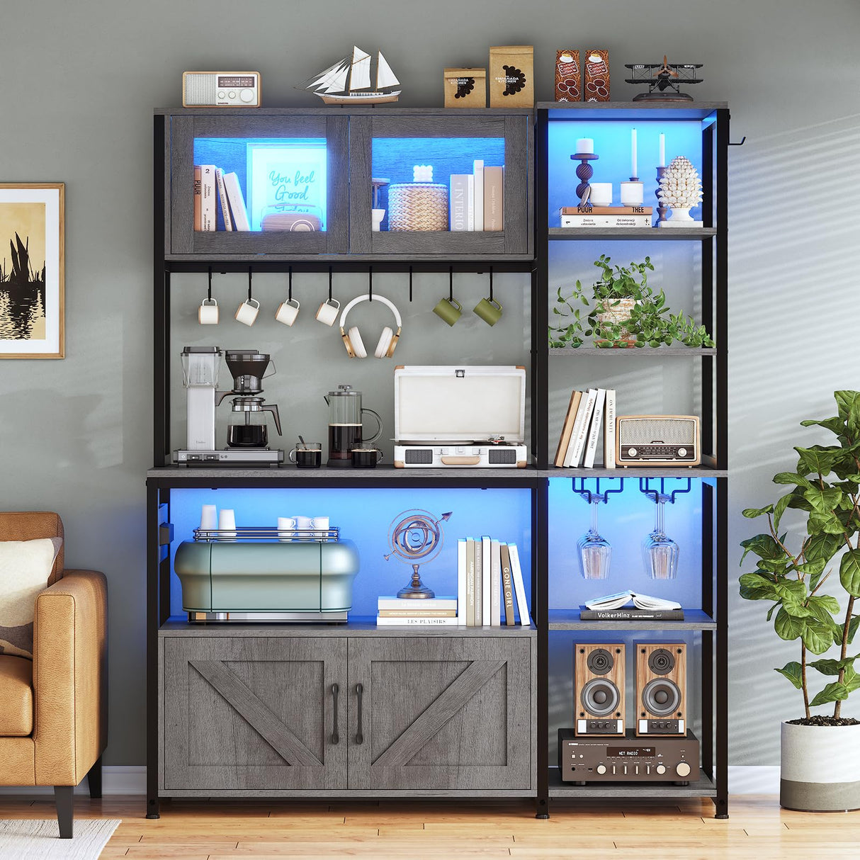 Itaar 45.3 Inch Farmhouse Bakers Rack with Power Outlet, LED Light and Storage Solutions in Grey Itaar