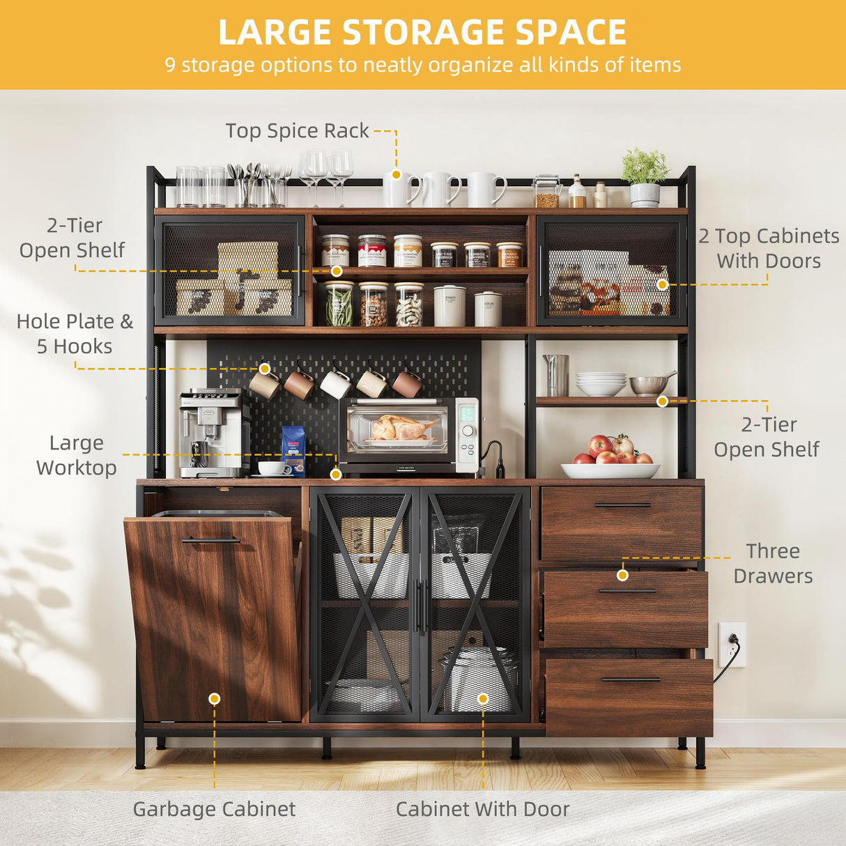 DWVO Kitchen Pantry Cabinet with Trash Can Cabinet, Large Microwave Stand w/Power Outlet, Kitchen Hutch Storage Cabinet Metal Frame Kitchen Cupboard, Rustic Brown, 63" W x 15.7" D x 69" H DWVO