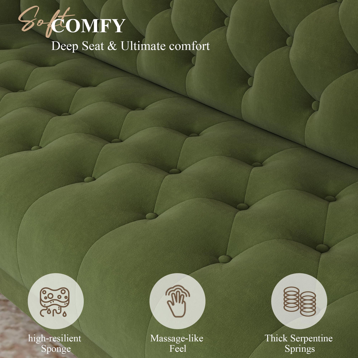 HIFIT 79" W Green Velvet Sofa Couch with 2 Pillows, 3 Seater Couches for Living Room, Handmade Button Tufted Cushions and Metal Legs, Modern Sofa for Apartment, Office HIFIT