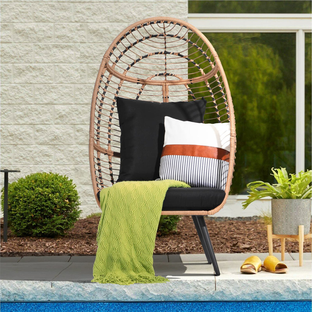 Patiorama Wicker Egg Chair Outdoor Indoor, Rattan Lounge Chair for Outside w/Legs Cushion, Basket Wicker Chair for Bedroom Living Room Front Porch Backyard Garden 350 lbs Capacity (Black) Patiorama