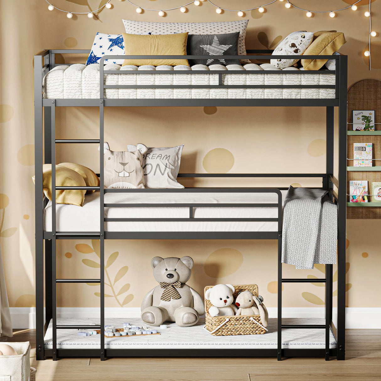 LIKIMIO Bunk Bed, Triple Bunk beds Twin Over Twin Over Twin with 2 Ladders, Metal Frame with Guardrails for Bedroom, No Box Spring Needed LIKIMIO