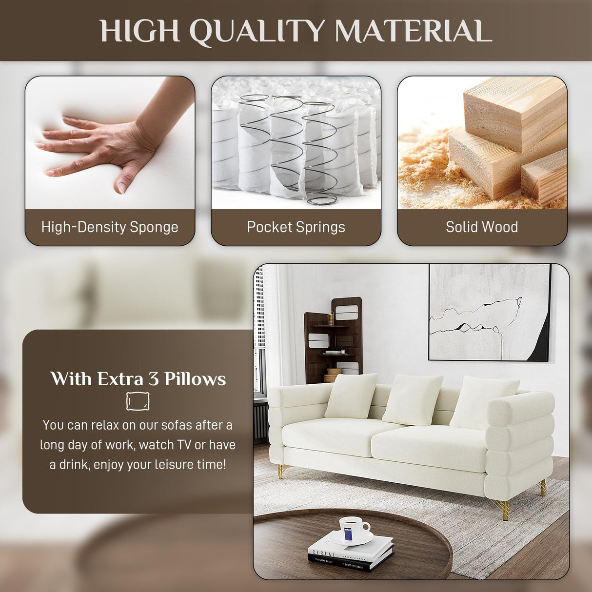 OUYESSIR Cloud Sofa Couch for Living Room, 79" Comfy Deep Seat Velvet Sofa with 3 Pillows and Gold Legs, Modern Upholstered 3 Seater Large Loveseat for Bedroom Office, White Velvet OUYESSIR