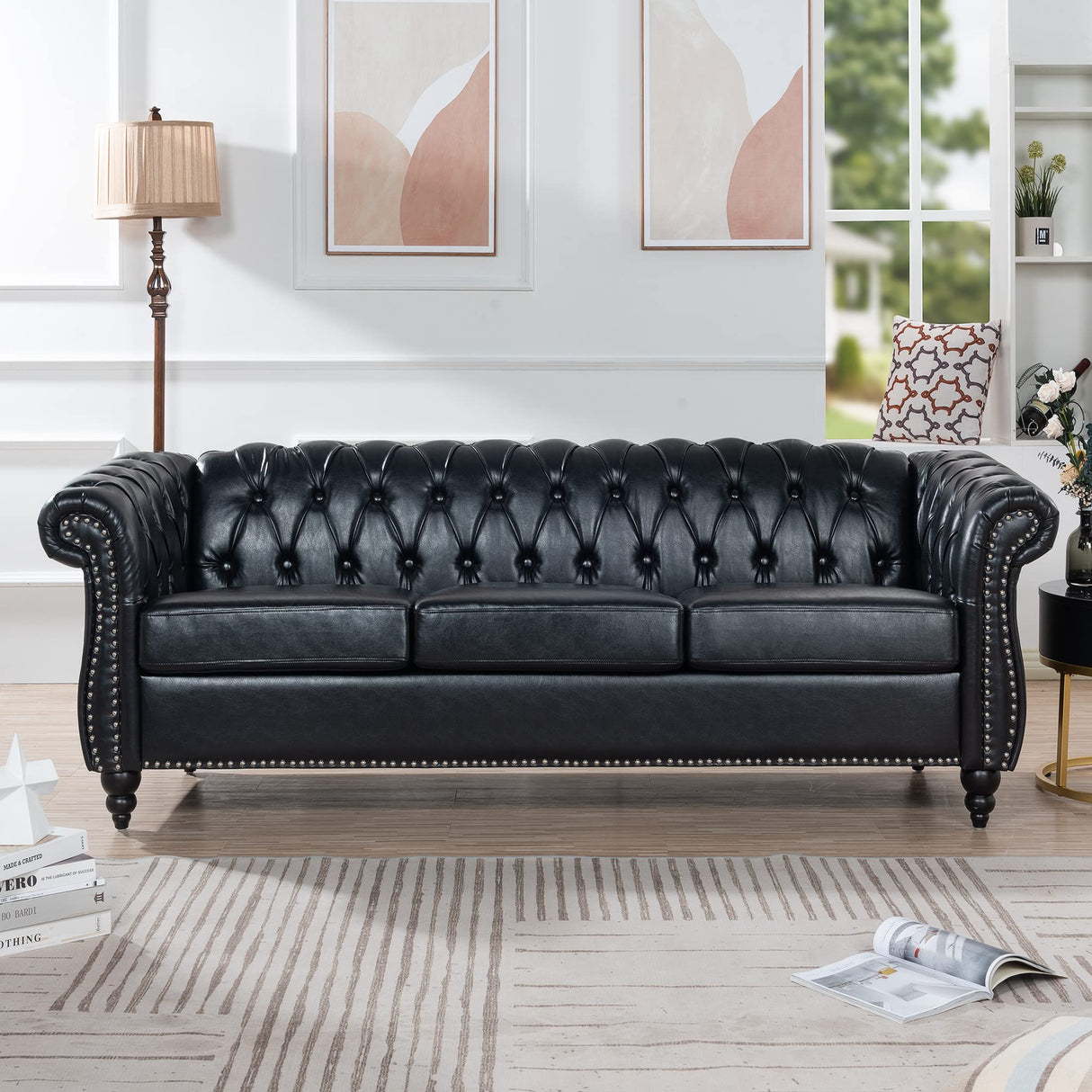 Ball & Cast 84" Chesterfield Leather Sofa with Channel Tufted Seat Back,Classic 3 Seater Couch w/Roll Arm Nailhead Trim and Upholstered,Mid Century Furniture for Living Room,Bedroom,Office,Black PU Ball & Cast