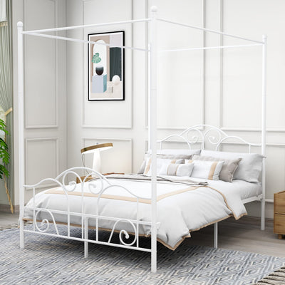 AUFANK Full Size Four-Poster Metal Canopy Bed Frame with Headboard and Footboard Sturdy Slatted Structure No Box Spring Needed White