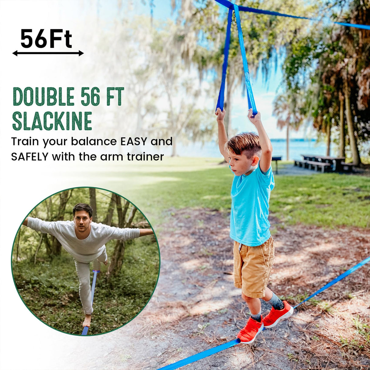 Ninja Warrior Obstacle Course for Kids, 2×56ft Slackline Kit with 8 Ninja Accessories - Monkey Bar, Rope Ladder, Gymnastic Ring, Arm Trainer and Monkey Fist Gentle Booms Sports