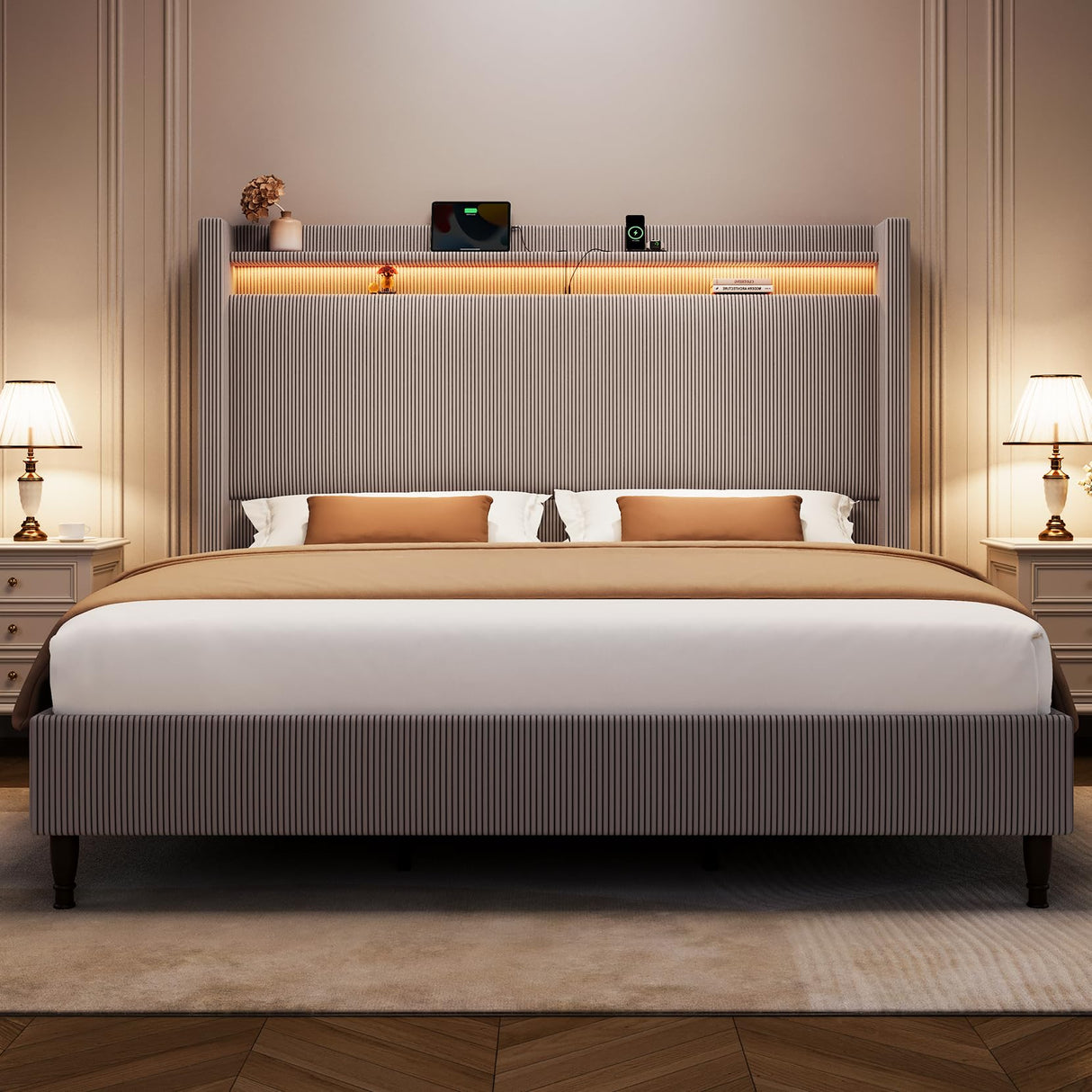 King Bed Frame with 55.3" Tall Headboard, Corduroy Upholstered Platform Bed with LED Lights & Charging Station, Wingback Storage Headboard, Solid Wood Slats,Noise Free,No Box Spring Needed,Gray Brown Welzona
