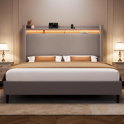 King Bed Frame with 55.3" Tall Headboard, Corduroy Upholstered Platform Bed with LED Lights & Charging Station, Wingback Storage Headboard, Solid Wood Slats,Noise Free,No Box Spring Needed,Gray Brown