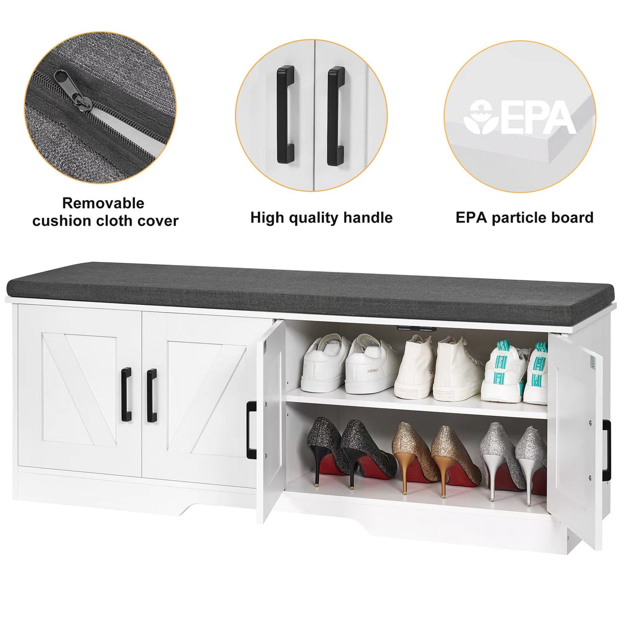 HOMSHO 2-Tier Storage Bench, Shoe Bench with Padded Seat Cushion, Entryway Bench with 4 Barn Doors, Adjustable Shelf, 13.8" D x 47.2" W x 17.7" H, for Entryway, Living Room, Bedroom, White HOMSHO