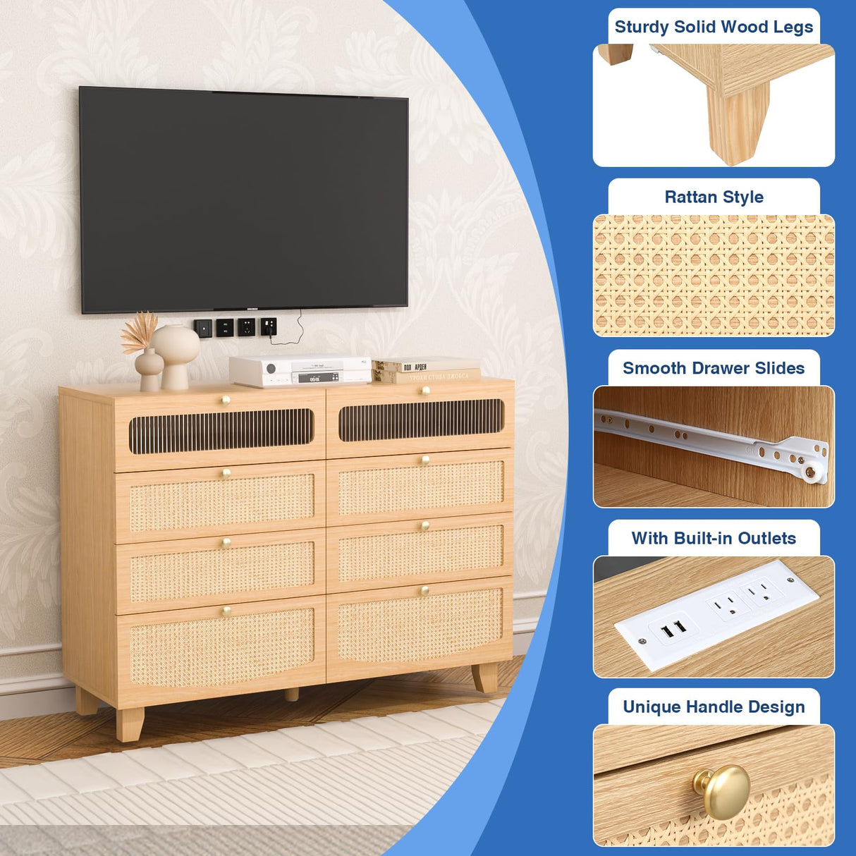 Yeyawomy Rattan Dresser for Bedroom with 8 Drawers, Wood Dresser with Charging Station & LED Lights, Boho Dressers & Chests of Drawers for Bedroom Yeyawomy