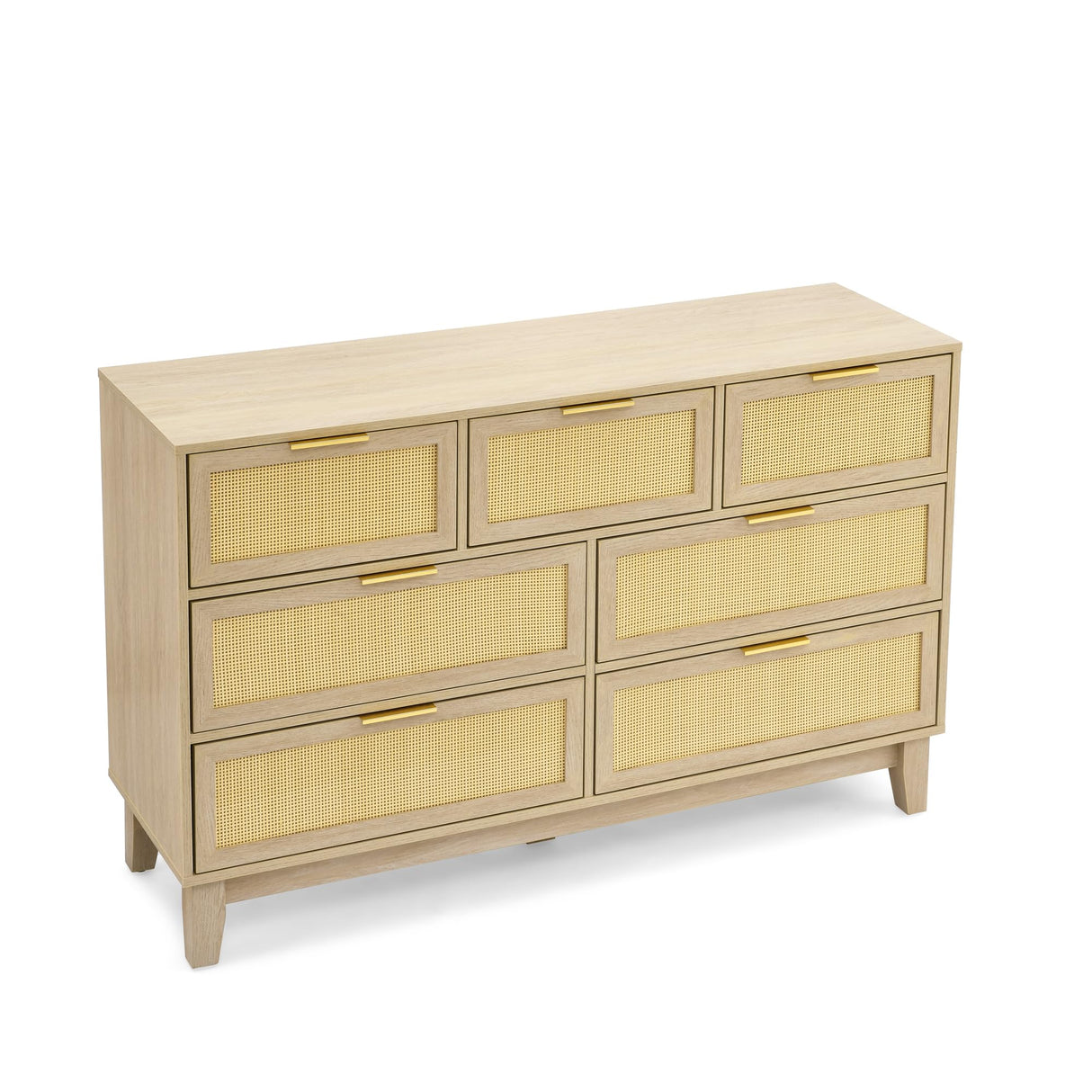 SEHAONOHOME Rattan Dresser with 7 Drawers, Wooden Modern Chest of Drawers, Wood Storage Cabinet for Bedroom, Entryway, Living Room and Hallway, Natural Wood SEHAONOHOME