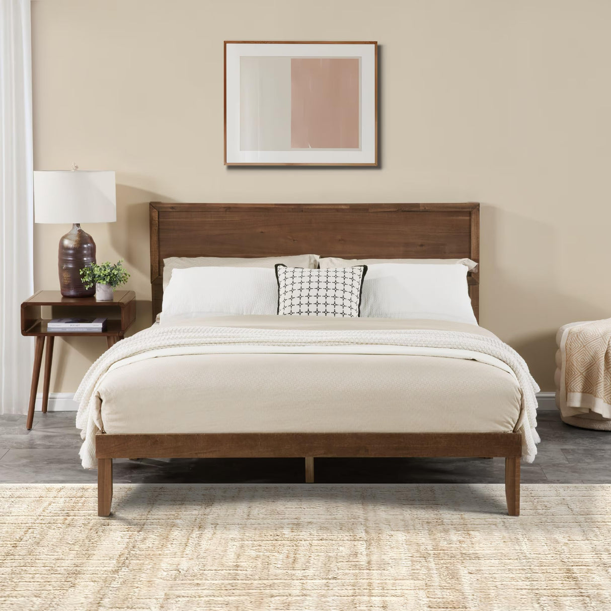 MT EDITION Wood Queen Size Bed Frame,Wooden Queen Platform Bed Frame with Headboard,Sturdy Rubber Modern Home Style Bed Frame for Bedroom (Queen) MT EDITION