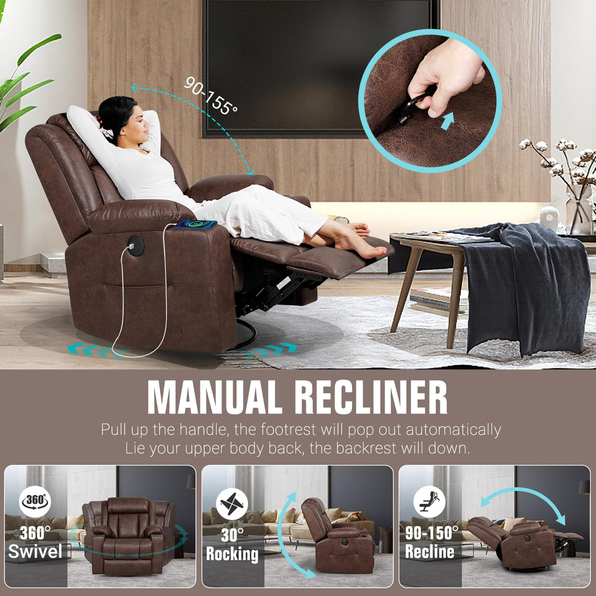 LAFWELL Retro Rocking Recliner Chair, Massage Rocker Recliner Chair with Vibration Massage and Heat, USB and Type-C Ports,360° Swivel Chairs,Living Room, Bedroom, Nursery, RV, Brown LAFWELL