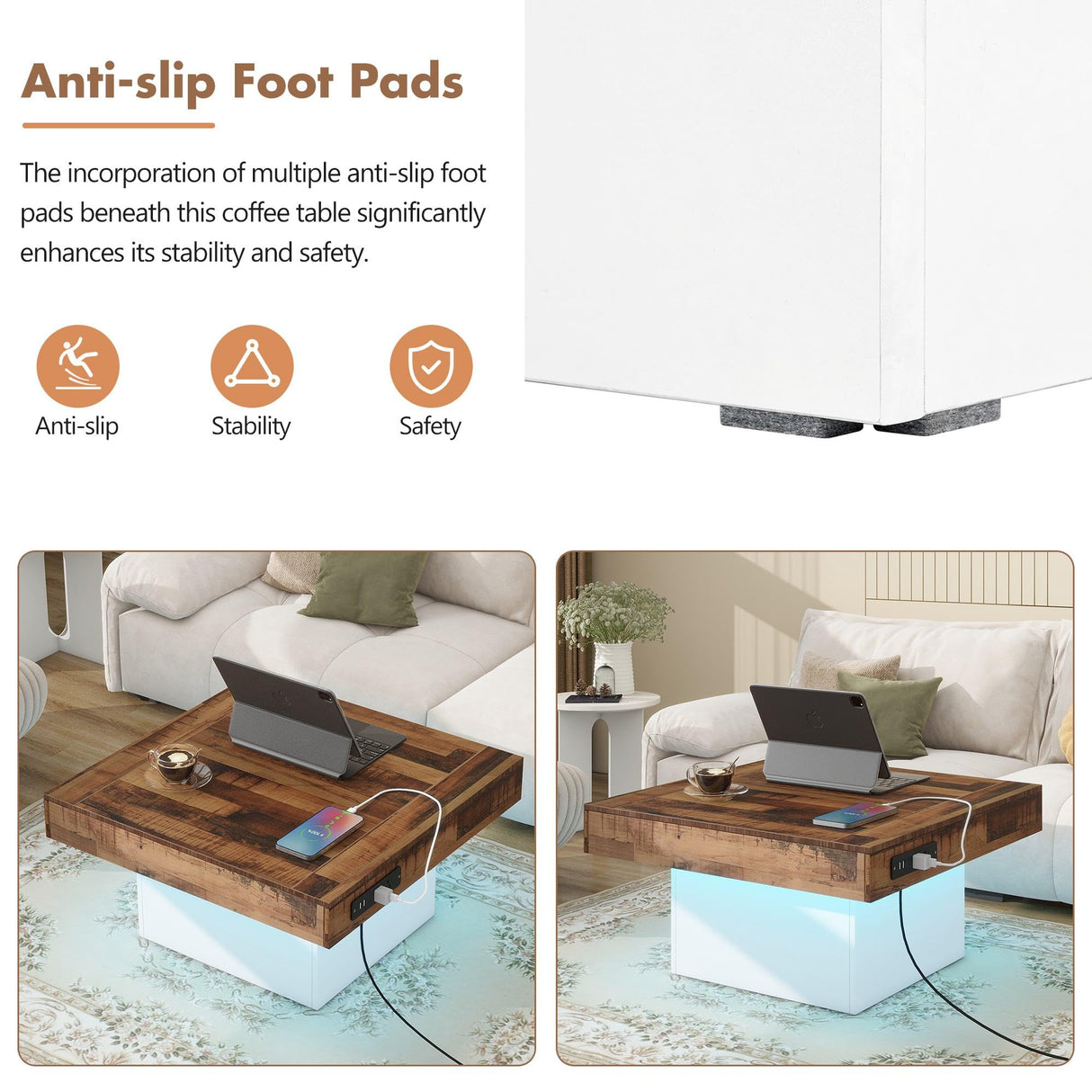 Vinsetto Farmhouse Wood Coffee Table with 2 USB Ports and Outlets, LED Light, Anti-Slip Foot Pads, Spliced Wood Grain, 31.5" L x 31.5" W x 16.5" H, White Vinsetto