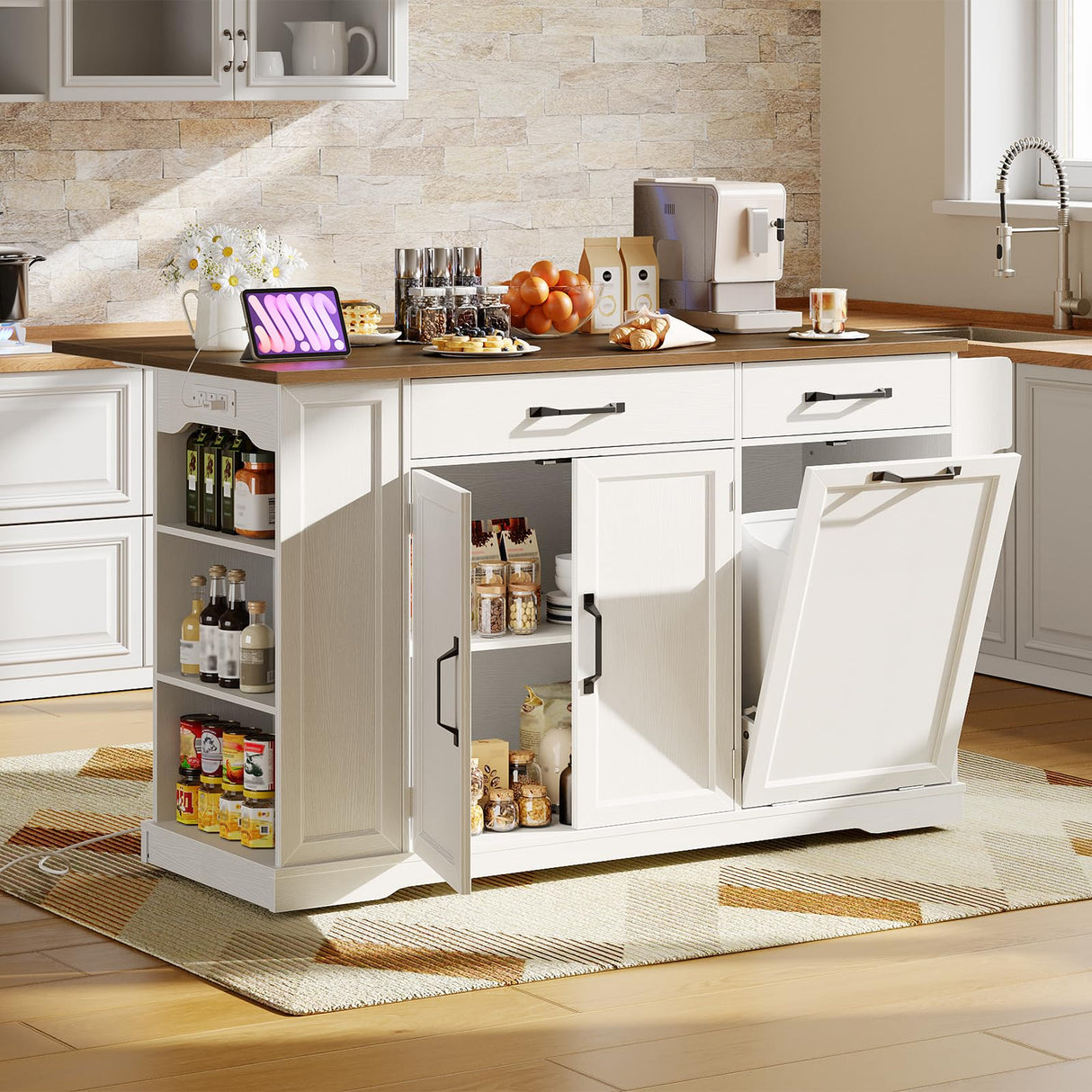 RALGEND Kitchen Island with Power Outlet & Drop Leaf, Rolling Storage Cart with Trash Storage Cabinet,Farmhouse Mobile Island Table for Kitchen, Dining Room, Hidden Casters, White and Walnut RALGEND