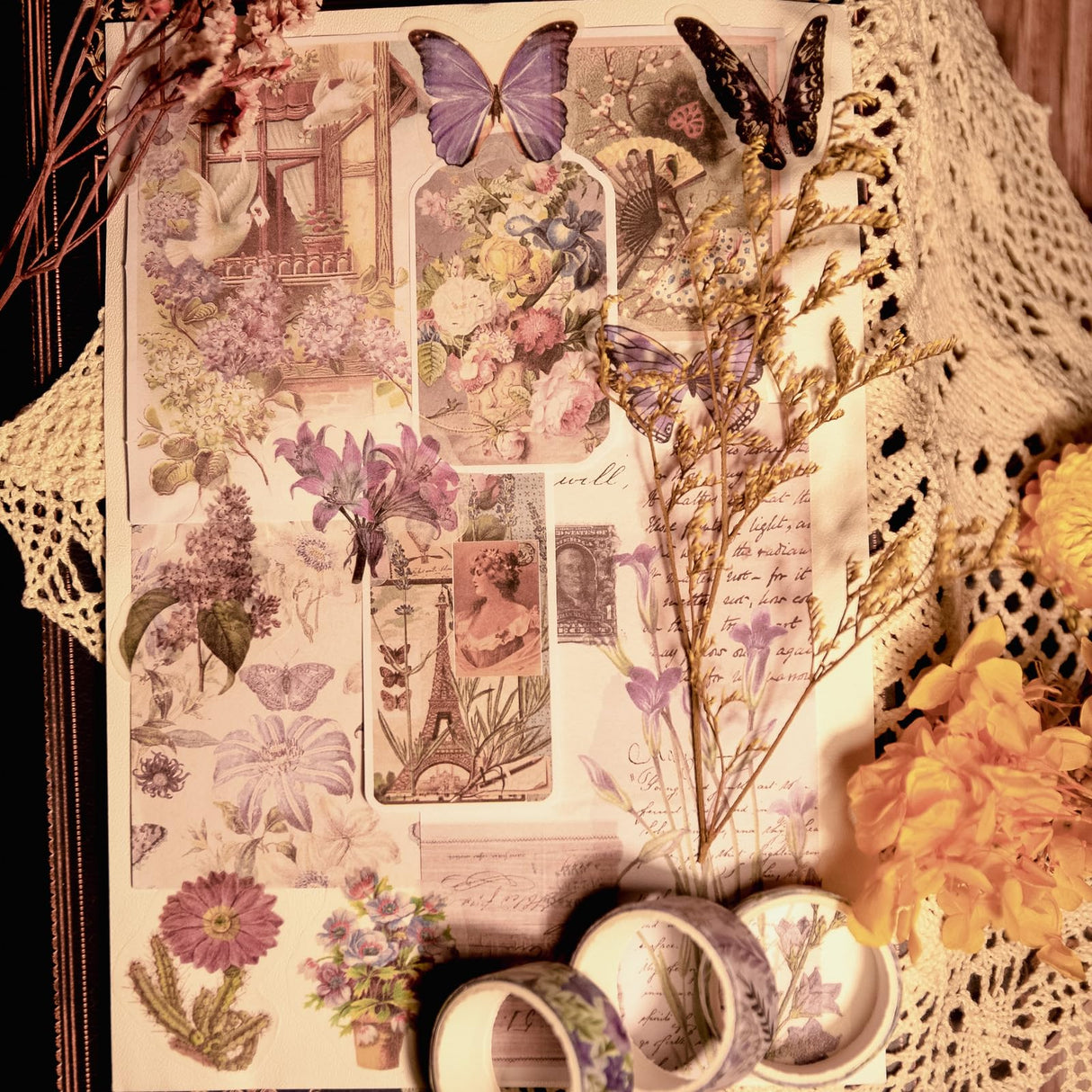 CHRYCELESTE 200pcs Vintage Purple Scrapbook Stickers and Paper, Journal Stickers Kit, Junk Journal Paper Kit - Flowers Butterflies,Plastic Case Packaging with Handy Pliers(Purple Reverie) CHRYCELESTE