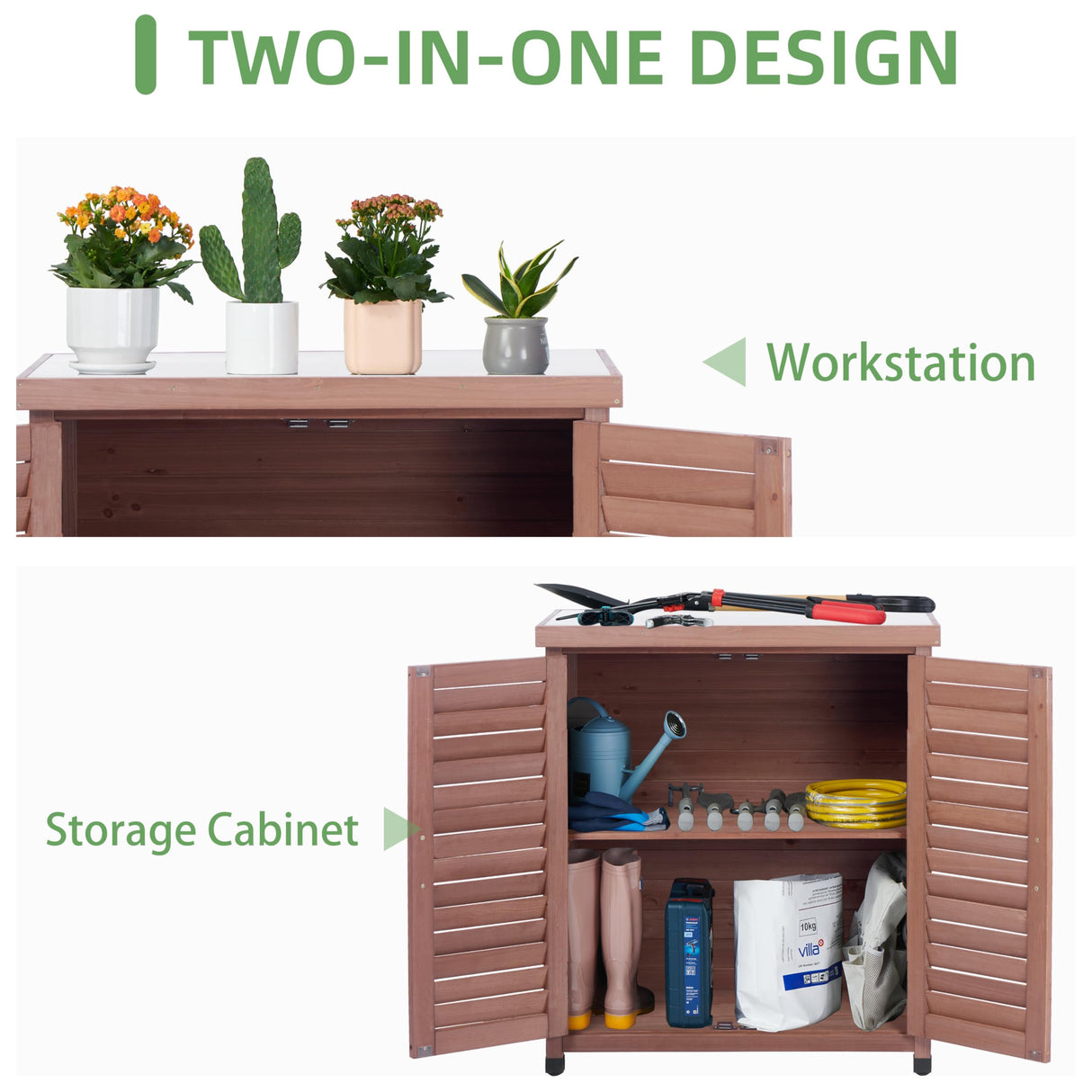 Potting Bench with Storage Cabinet and Metal Table Top for Outdoor Patio, Garden Furniture Wood Workstation (Dark Brown, 31x17x36) Mederla