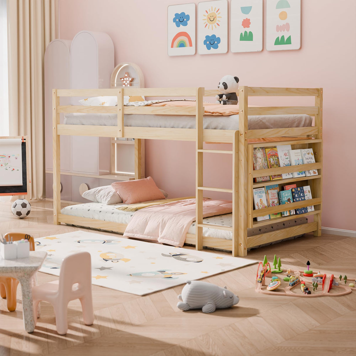 Xilingol Low Bunk Bed for Kids, Floor Bunk Bed Twin Over Twin with Bookshelves & Full Guardrails, Wooden Twin Bunk Bed Frame for Bedroom, Dorm, Boys, Girls, Children, Toddler (Natural) Xilingol