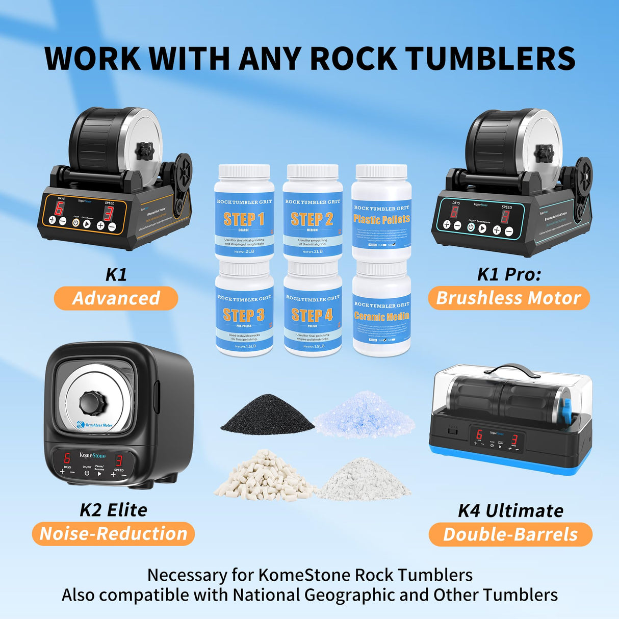 Rock Tumbler Grit and Polish Refill Kit - 10 Pounds. Ultimate Value Pack with Ceramic & Plastic Pellets, Polish Up to 70 lbs. of Rocks, 4-Step Tumbling Media Kit, Compatible with All Rock Tumblers KomeStone