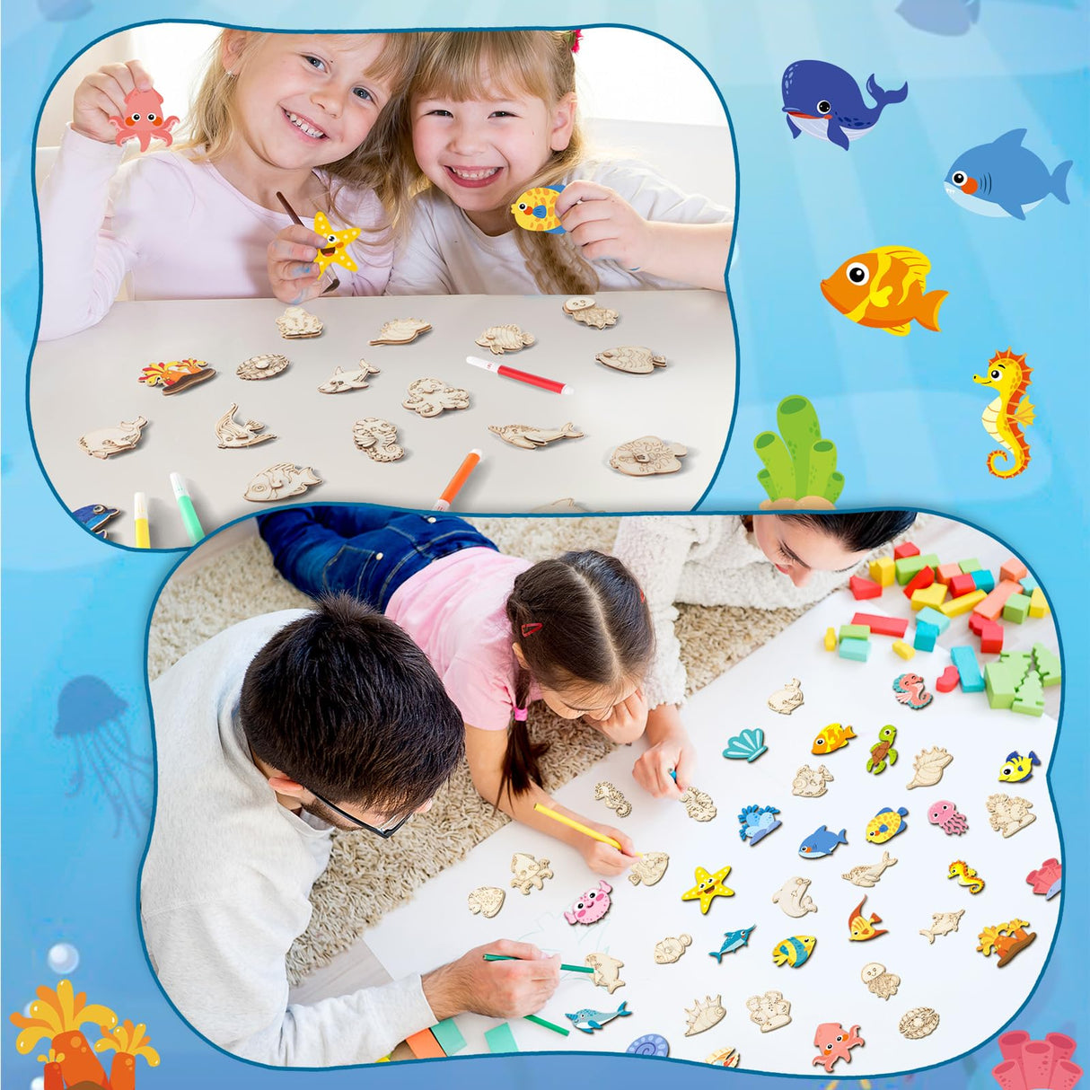 gisgfim 36Pcs Wooden Magnet Painting Craft Kit DIY Wooden Ocean Animal Magnets Coloring Arts Crafts for Kids Ages 4-8 8-12 for Birthday Party Gift Toys Sea Animal Craft Creativity Supplies Party Favor gisgfim