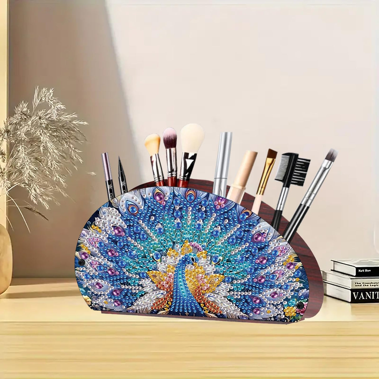 DoxQcs Wooden Half Moon Storage Box, DIY Diamond Art Painting TV Remote Box, Home Decorative Storage Boxes for Pen Phone Cosmetics Office Supplies-Peafowl DoxQcs