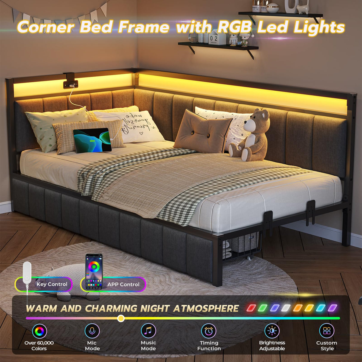 DICTAC Twin Size Bed Frame with 2 Storage Drawers & Charging Station twin Platform Corner Bed Frame with Led Lights Twin Daybed With Upholstered Guardrail for Living Room, Bedroom and Guest Room, Gray DICTAC