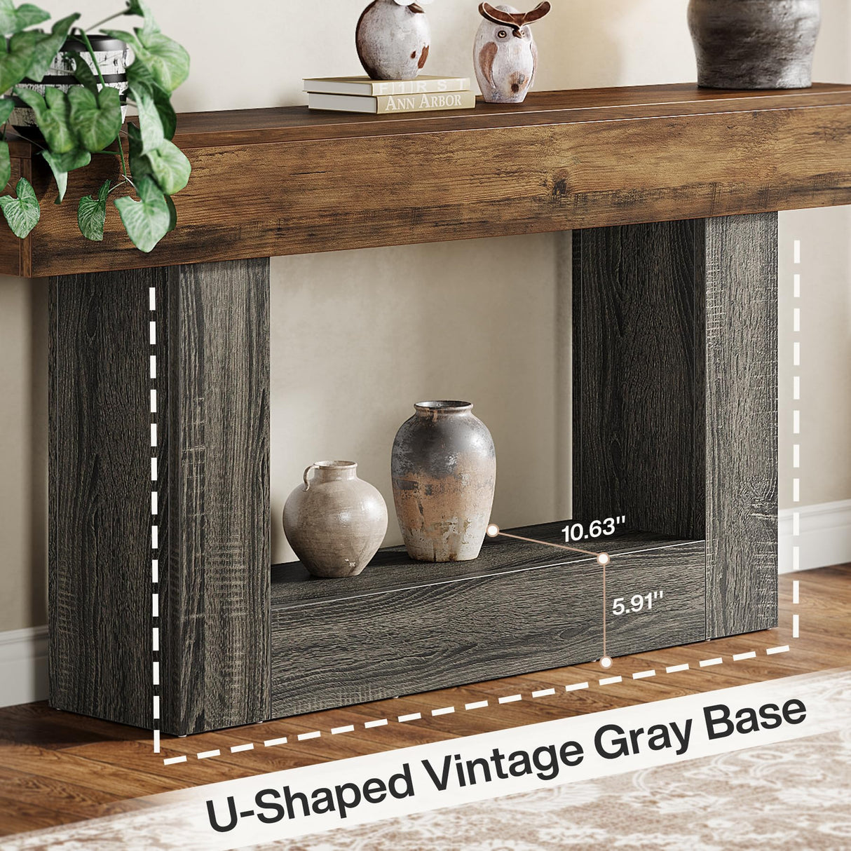 Tribesigns 63" Console Table, Farmhouse 2-Tier Entryway Table with U-Shaped Base, Narrow Long Wood Sofa Table Behind Couch Table for Living Room, Hallway, Foyer, Vintage Brown & Gray Tribesigns