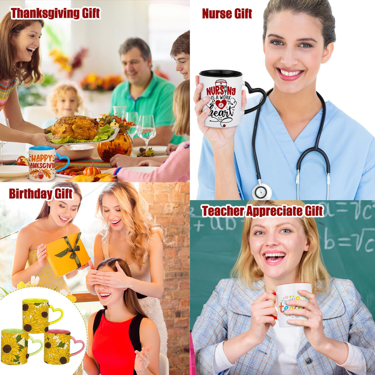 Mifoci 6 Pack Sublimation Mugs for Christmas Bulk, 11 oz Blanks Sublimation Coffee Mugs with Heart Handle White Ceramic Coffee Cup for Christmas Thanksgivng Employees Gifts(Multicolor) Mifoci