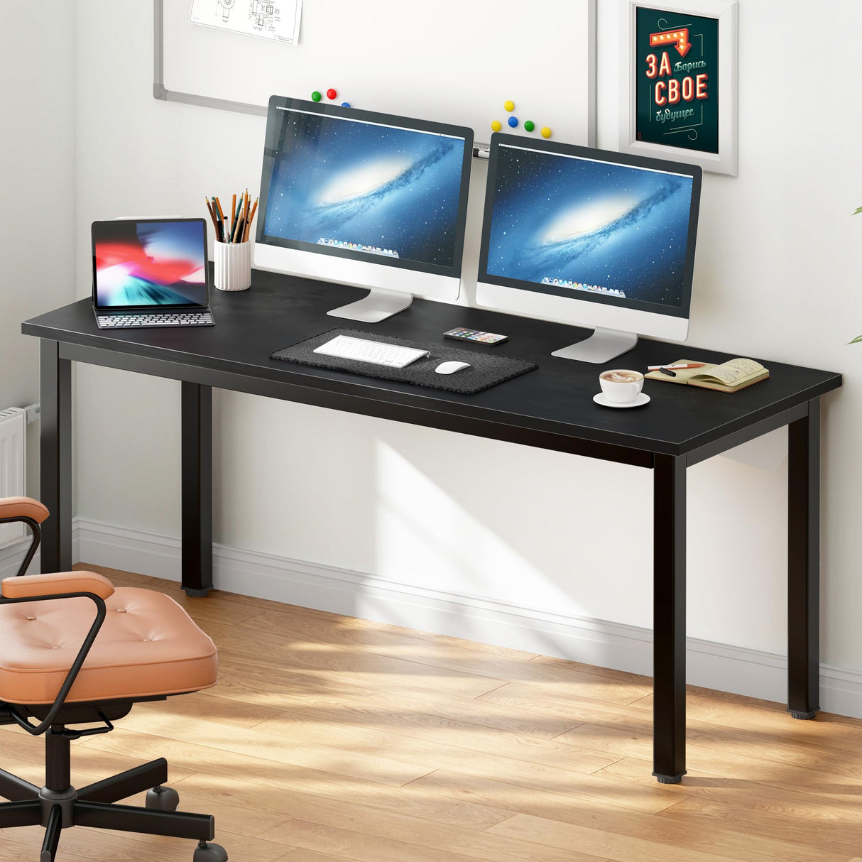 DlandHome 63 inches X-Large Computer Desk, Composite Wood Board, Decent and Steady Home Office Desk/Workstation/Table, BS1-160BB Black Walnut and Black Legs, 1 Pack DlandHome