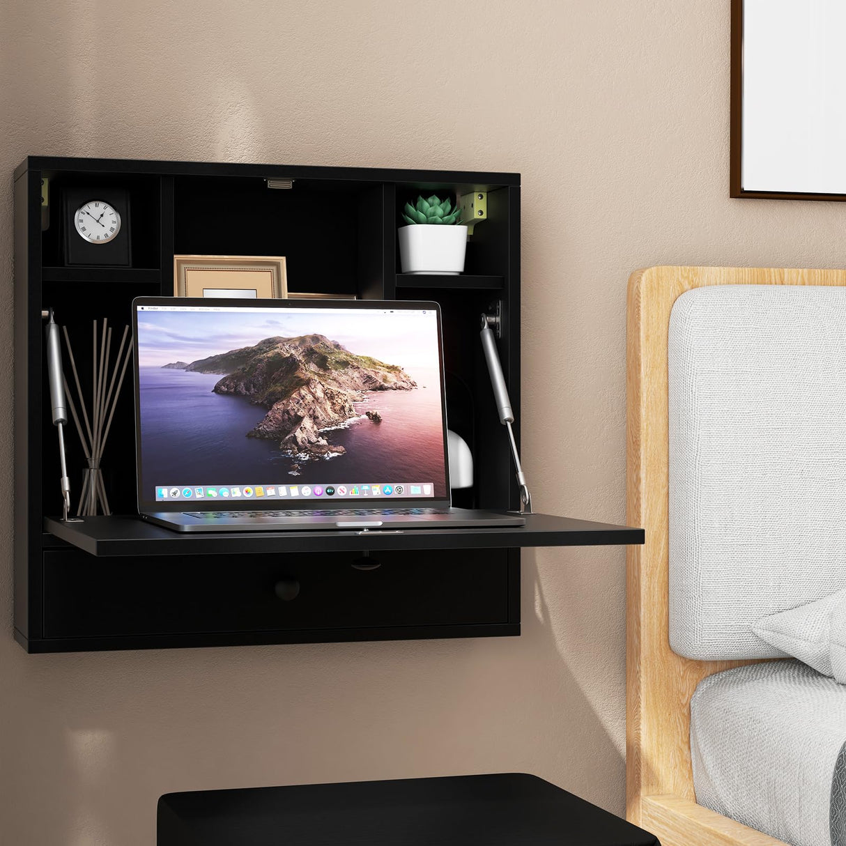 IFANNY Folding Wall Desk, Wood Wall Mounted Desk with Storage Drawer and Shelves, Fold Down Wall Mount Laptop Desk, Corner Floating Desk for Small Spaces (Black) IFANNY