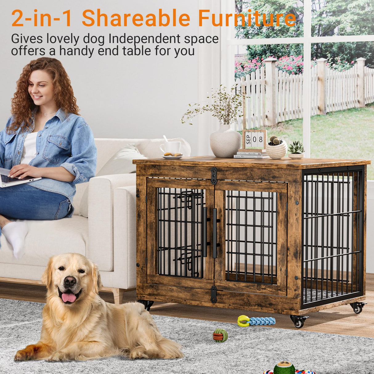 Lulive Dog Crate Furniture, Dog Kennel Indoor Double Doors Wooden Dog Cage, 33'' Heavy Duty Dog Crate with Cushion & Wheels, Decorative End Table Pet House Chew-Resistant for Medium/Small Dog, Brown Lulive