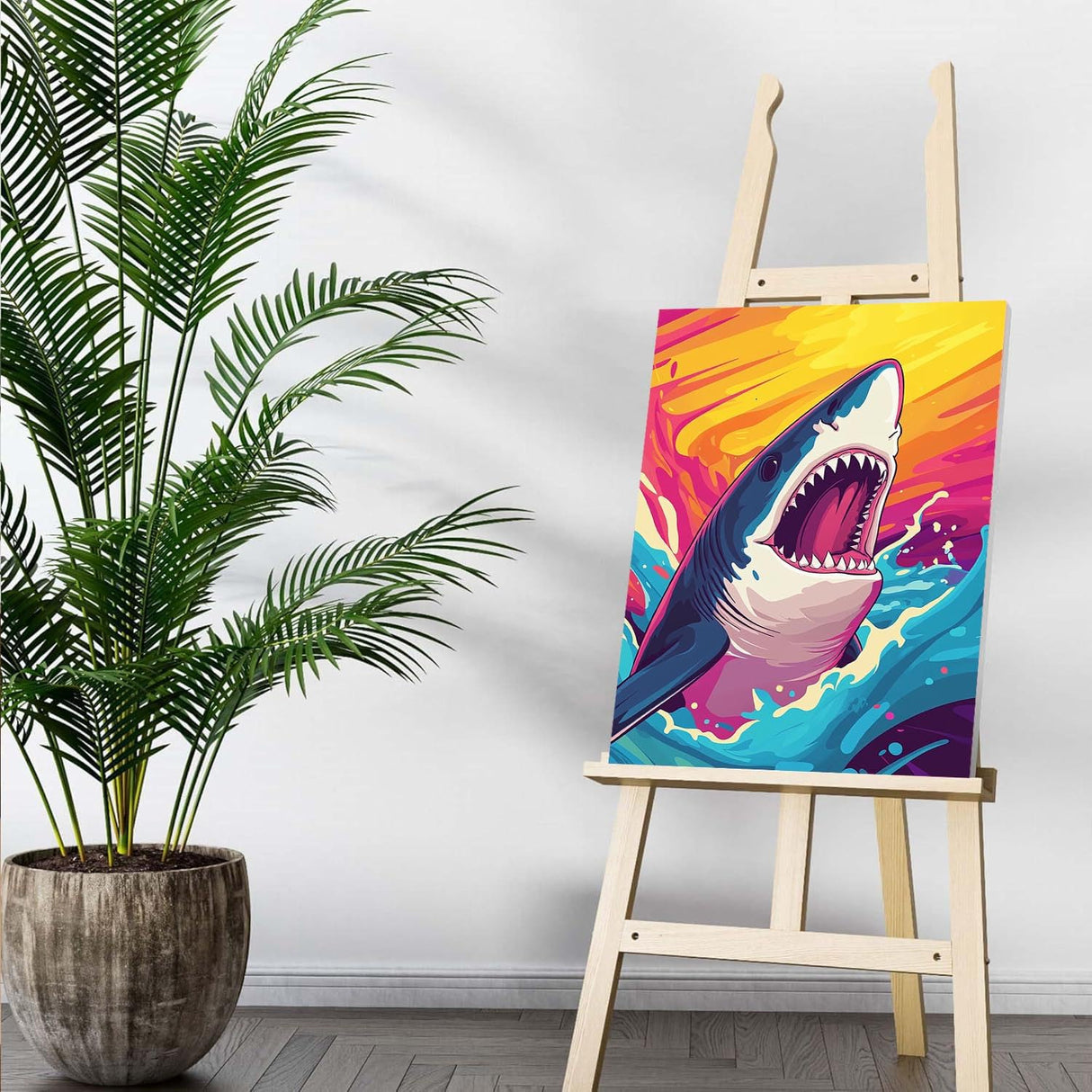 Bimkole Framed Paint by Numbers Kit for Adults Shark, DIY Oil Painting on Canvas with Frame, Animals Paint by Numbers Set for Home Wall Decor 8x12 Inch/20x30 cm Bimkole