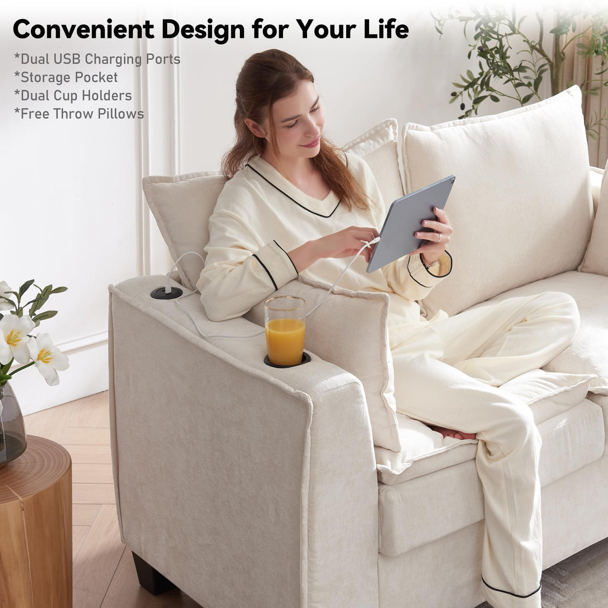 Brelice Pull Out Sofa Bed, Chenille Sleeper Couch with Memory Foam Mattress, 2-in-1 Convertible Sofa Solid Wood Slats Support, 2-Seat Loveseat for Living Room Home Office Apartment, Full Size, Beige Brelice